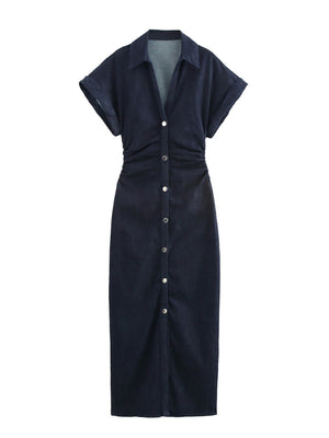V-neck Short Sleeve Waist Hip-hugging Button Slit Commuting Temperament Maxi Dresses