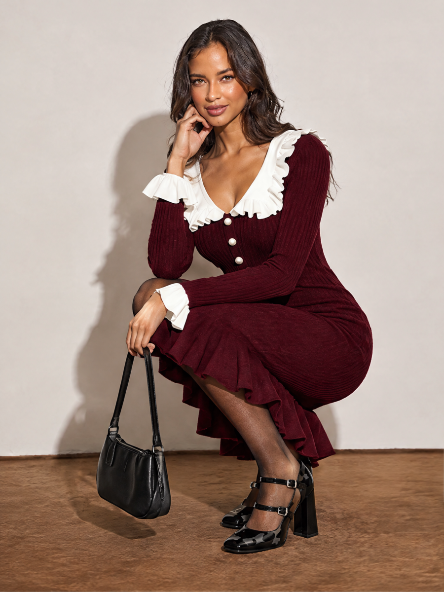 French-style Ruffled Knit Sweater Dress
