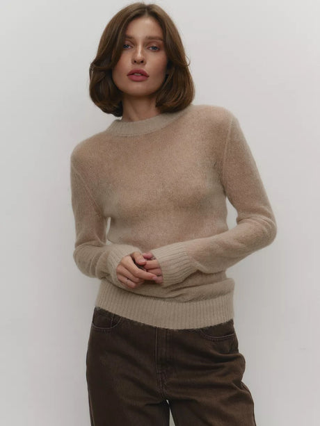 Mohair Crew Neck Pullover Sweater, Semi-sheer Base Layer Sweater