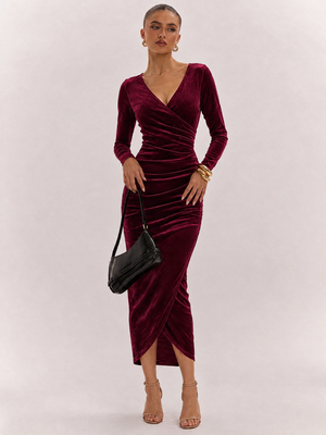 Goose Down V-neck Dress, Slim Fit, Pleated Patchwork, Irregular Skirt, Elegant Long Dress