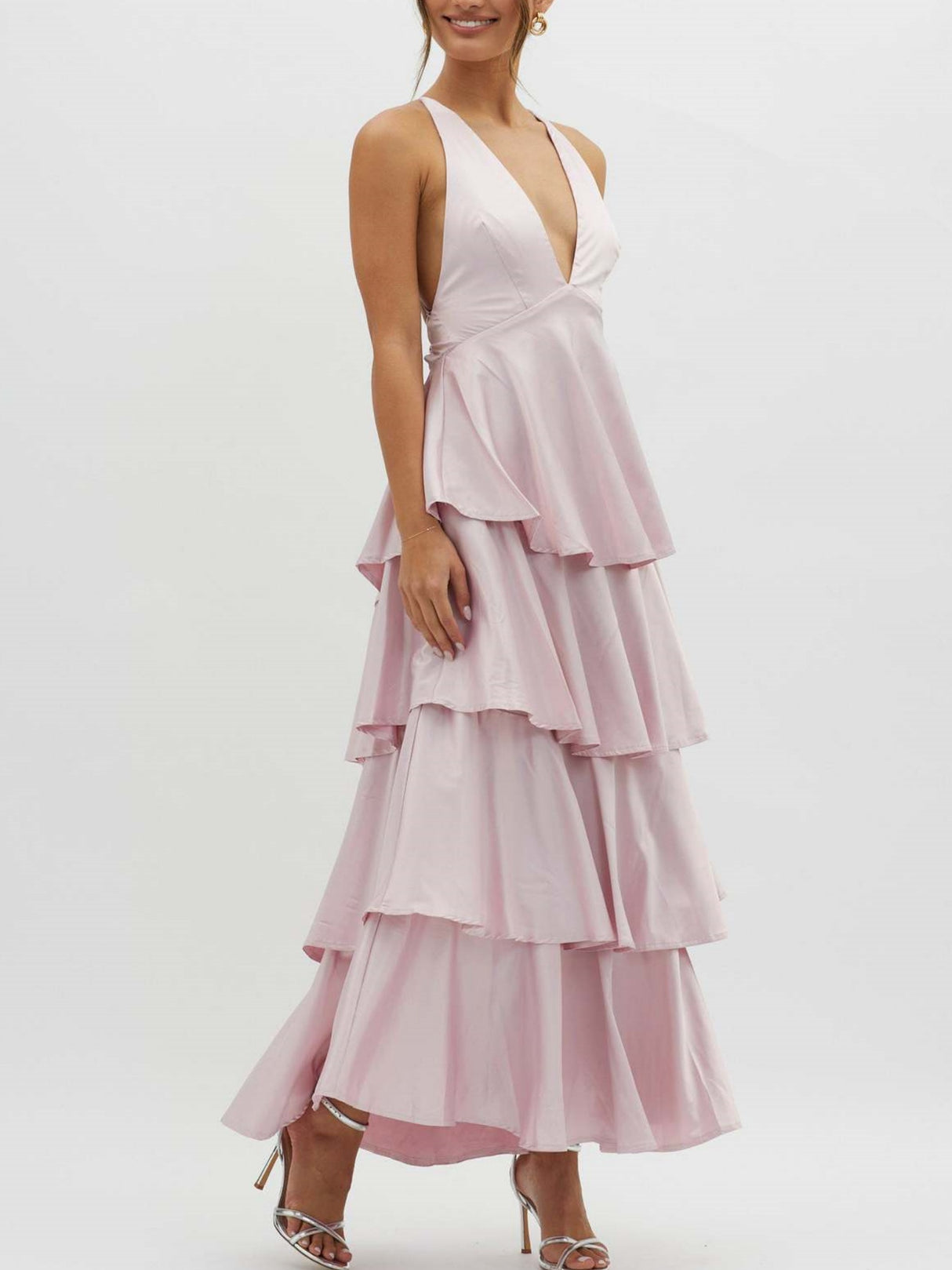 Ruffled Splicing Satin V-neck Tank Top Maxi Dresses