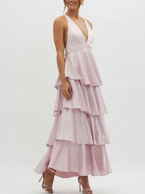 Ruffled Splicing Satin V-neck Tank Top Maxi Dresses