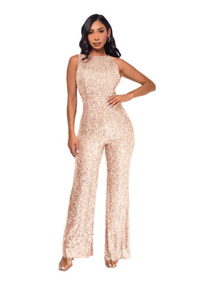 Sleeveless Sequins Slim Fit Crew Neck Wide Leg Jumpsuits