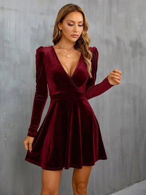 V-neck, Leg-of-mutton Sleeves, Fitted Waist, A-line Silhouette, Long Sleeves, Velvet Short Dress