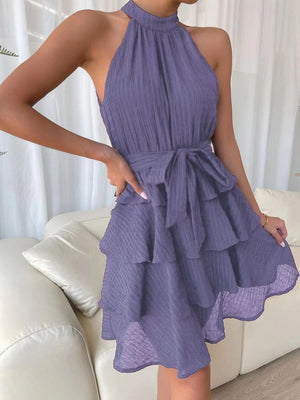 Halter Sleeveless Ruffle Black Mini&Short Dresses