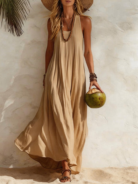 Loose-fitting Long Dress With A Tank Top Style, Perfect For A Beach Vacation