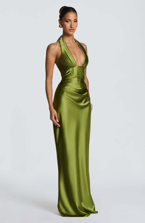Halter Neck Deep V Long Dress With Pleats And Laces, Sexy Off-shoulder Design Maxi Dresses