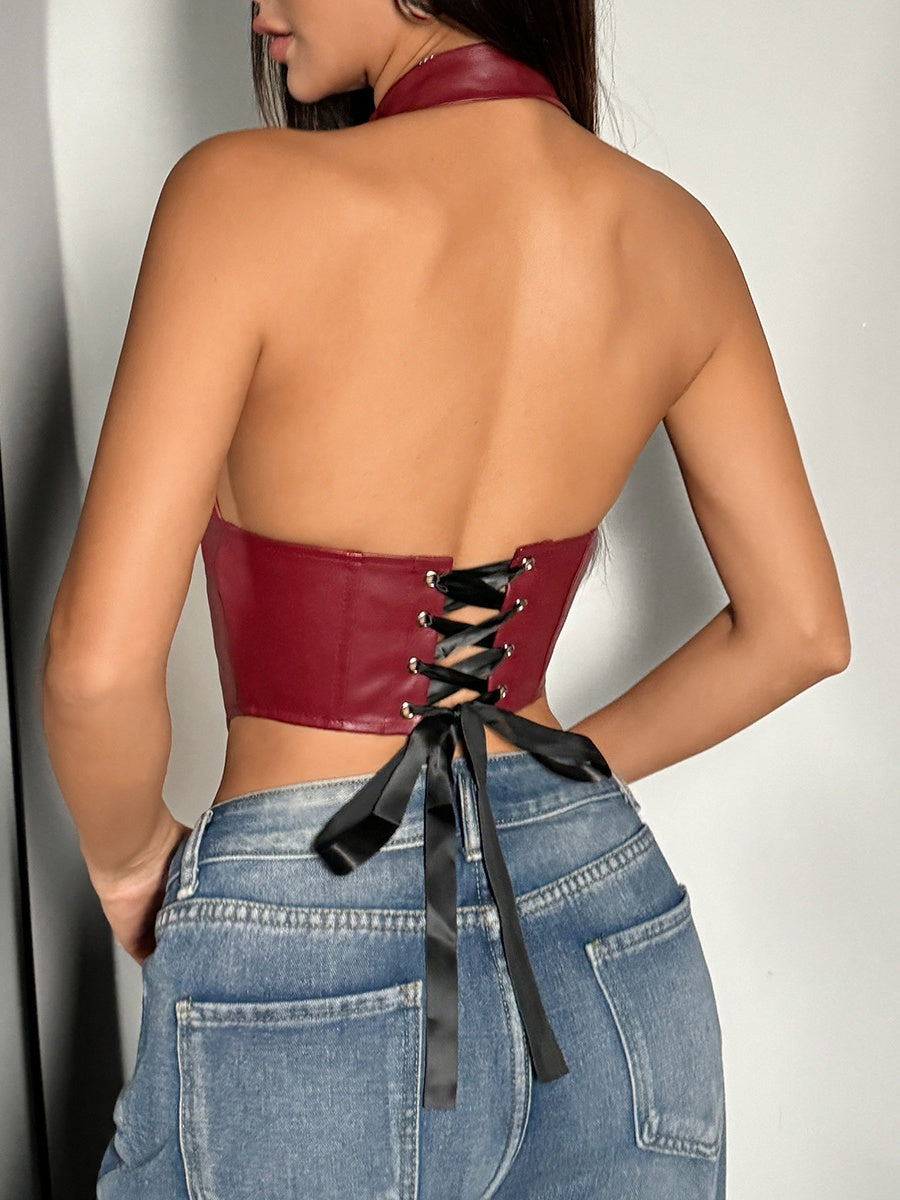 PU Leather Halter Button-down Style Waist Camisoles