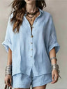 Blended Loose-fit Mid-length Sleeves Shirts Shorts Set 2-piece Sets