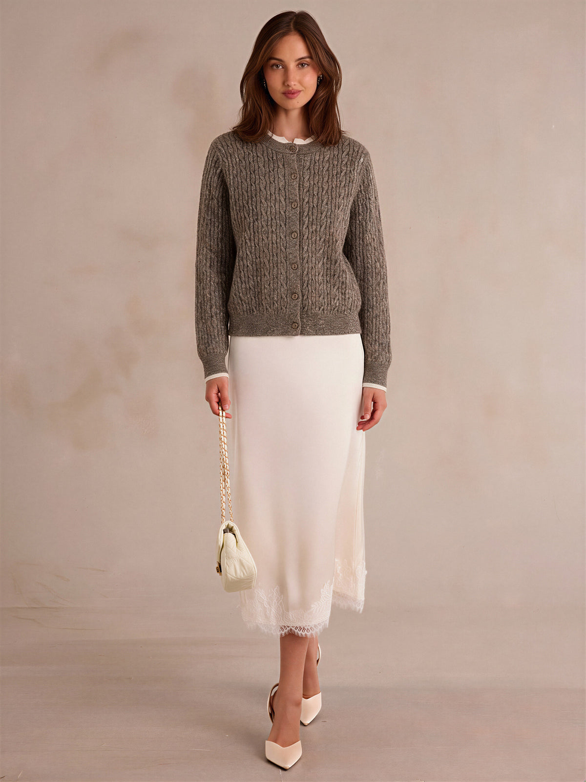 Cable Knit Color-blocked Trim Faux Two-piece Round Neck Knit Cardigan