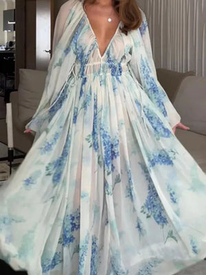 Printed Chiffon Drawstring Maxi Dresses