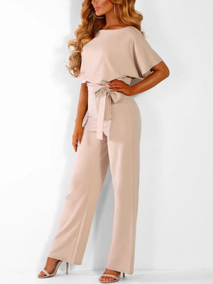 Summer Button-up Tie-front Short-sleeved Jumpsuit