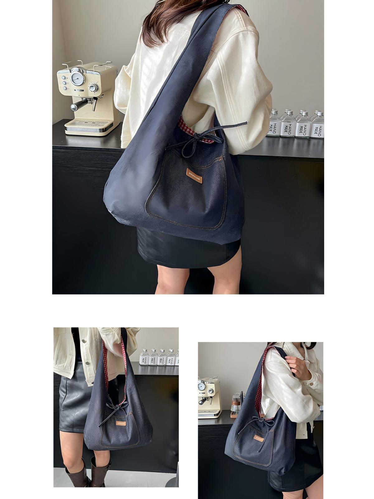 Denim Plaid Reversible Versatile Commuter Shoulder Bag