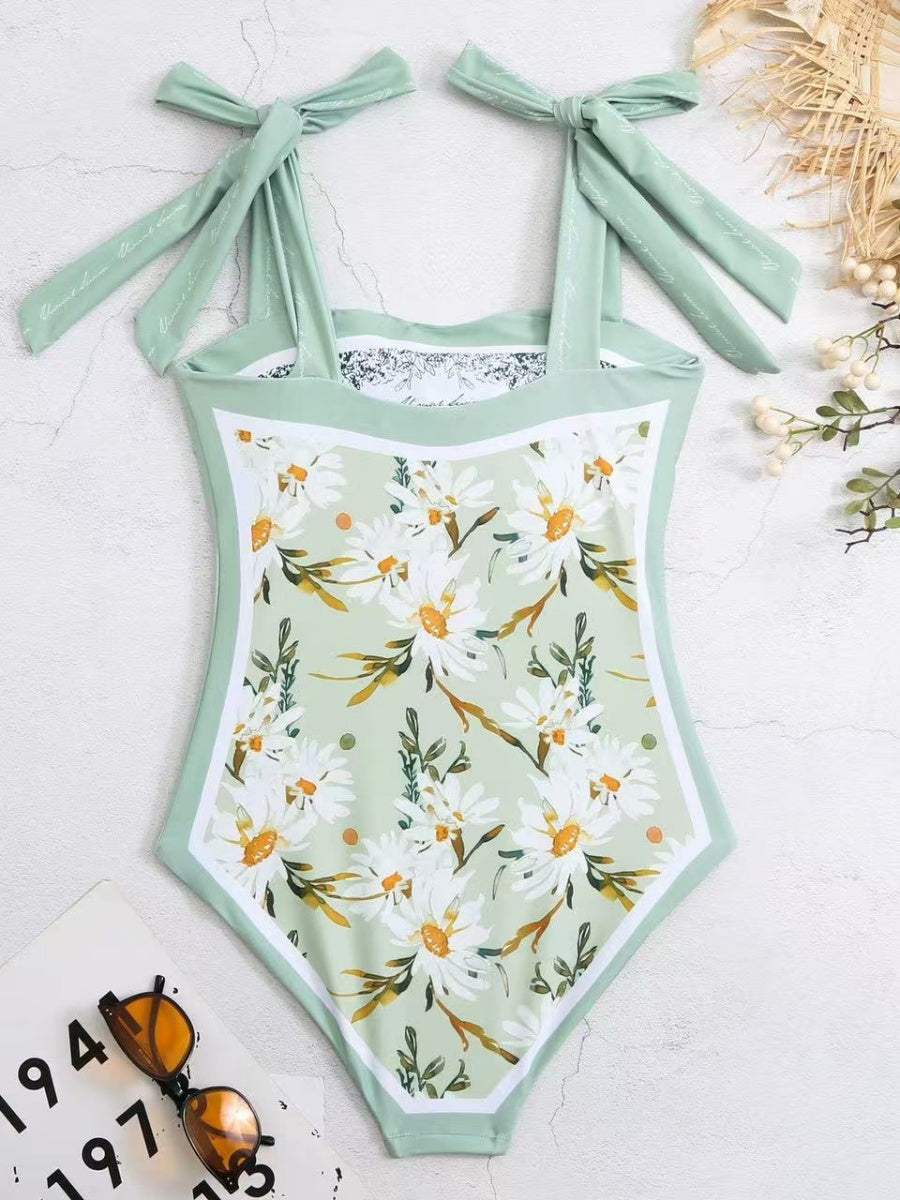 Double-sided Printed Retro-style Fresh Strapless Tie-up Swimsuit