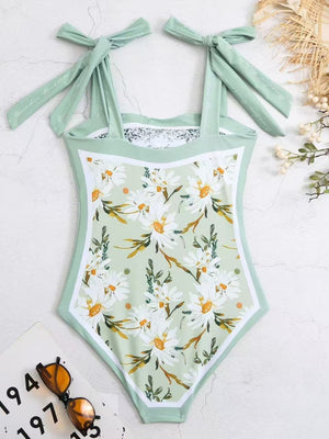 Double-sided Printed Retro-style Fresh Strapless Tie-up Swimsuit