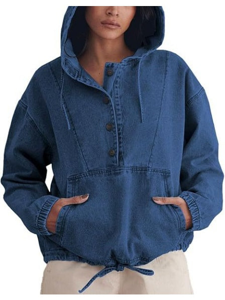 Button-up Pullover Denim Hoodie