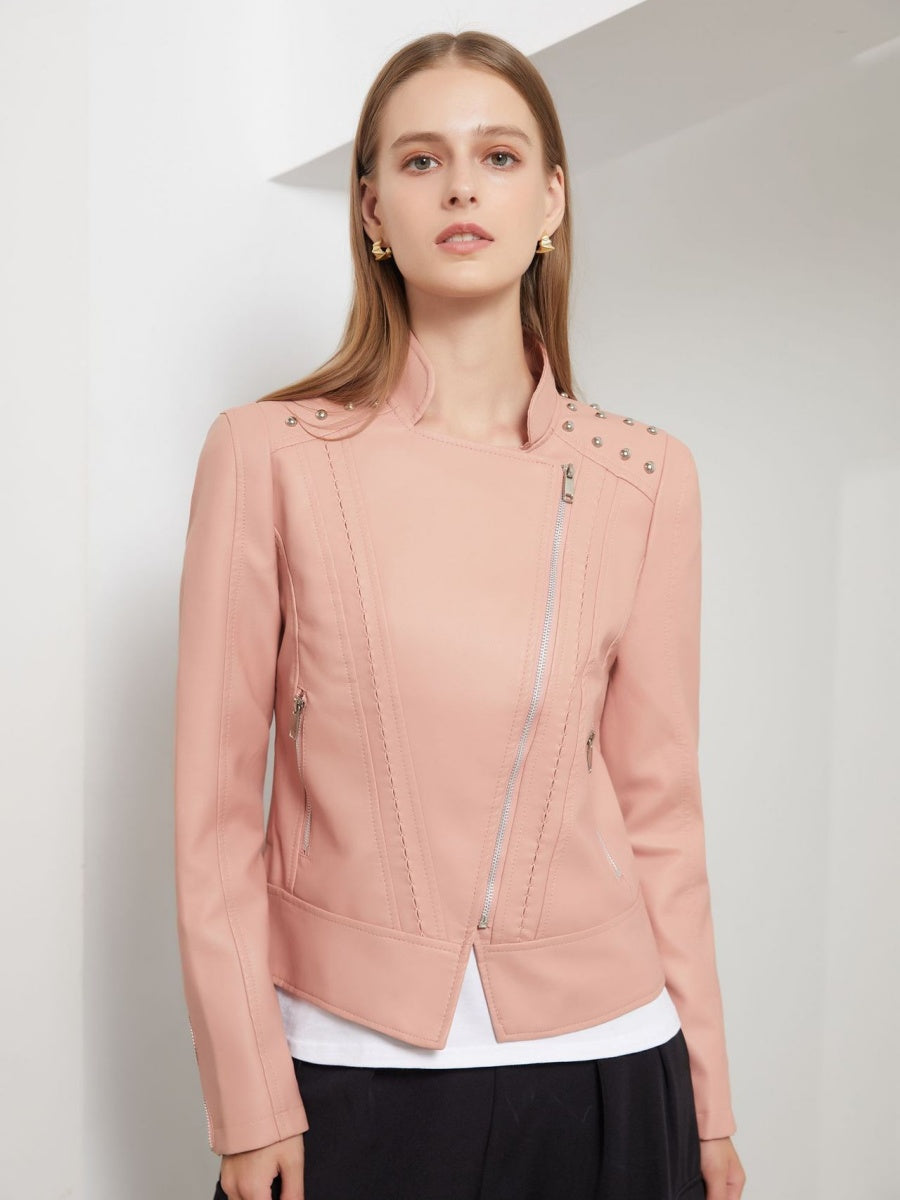 Street Cool Slim Fit Beading Leather Jacket