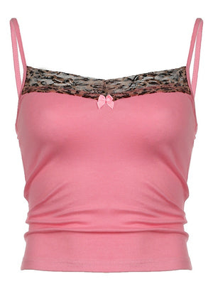 Pink Leopard Print Patchwork Lace Camisole