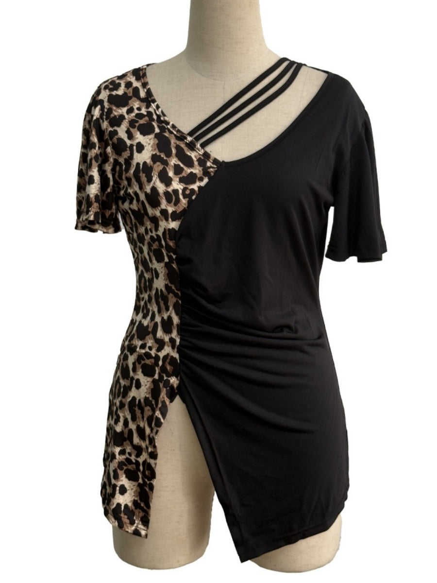 Splicing Stripes Asymmetrical Leopard Print T-shirts