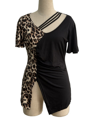 Splicing Stripes Asymmetrical Leopard Print T-shirts