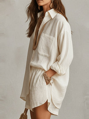Lazy Style Shirt And Solid Color Shorts Two-piece Set