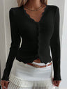 Cardigan Style With Ribbed Trim V-neck Lace Stitching Anti-stripping T-shirts Long-sleeved Knitted Cardigan
