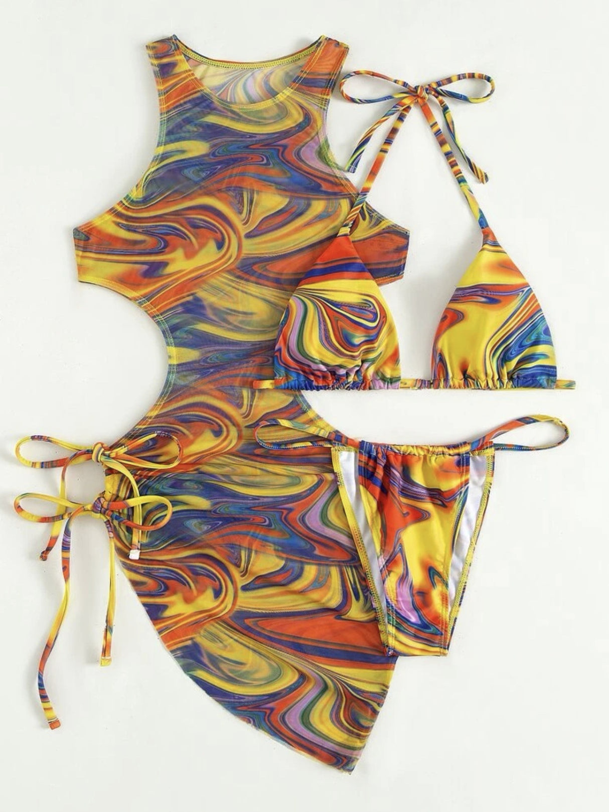 Hollow-out Drawstring Swimsuit Bikini Beach Cover-up Three-piece Set