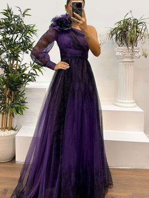 Sloping Shoulders Mesh Printed Reunion Maxi Dresses