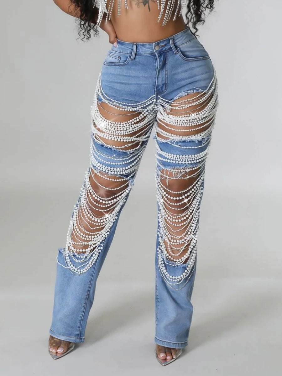 Ripped, Pearl-beaded Stretch Jeans
