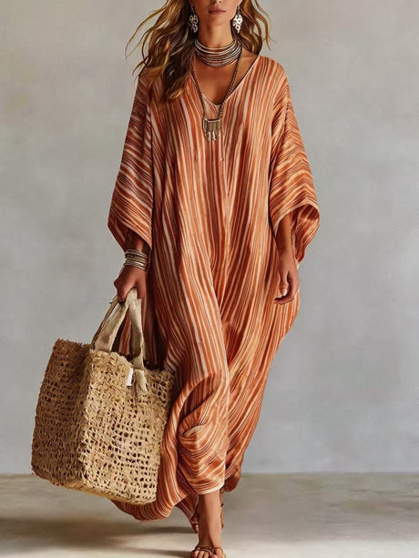 Striped Digital Print V-neck Three-quarter Sleeve Long Dress