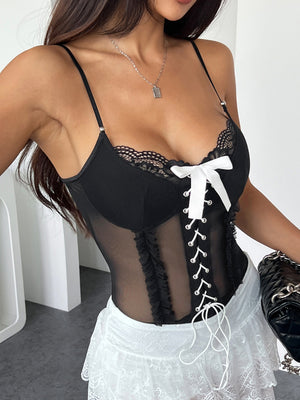 Lace Trim Bow Perspective Straps Suspender Bodysuit
