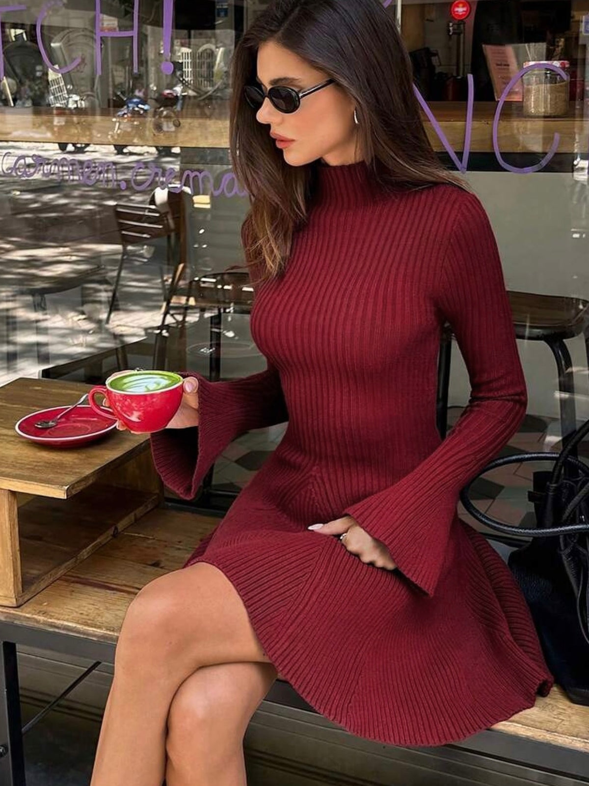 Long-sleeved Solid Color Top, High-neck Fitted A-line Knit Sweater, Short Dress