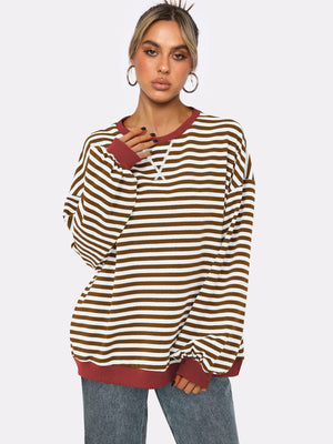 Women's Autumn/Winter Striped Color-Blocked Oversized Long-Sleeved Sweatshirt