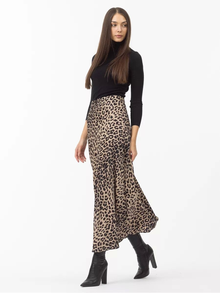 Satin Leopard Print High Waist Elasticity Silky Smooth Skirts