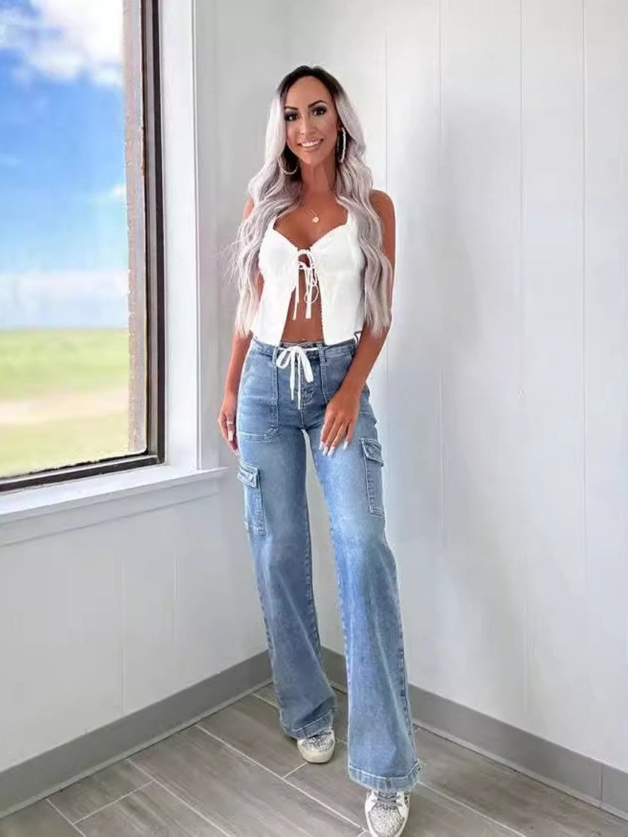 Leisure Lace Up Multiple Bags Straight Leg Jeans