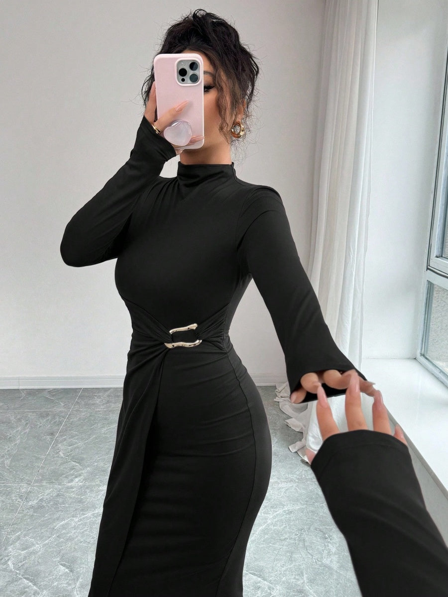 Small Stand Collar Knitting Metal Buckle Decoration Maxi Dresses