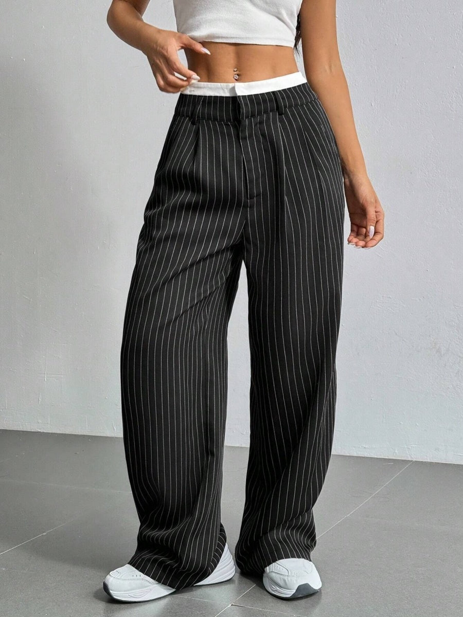 High Waist Color Matching Simplicity Drape Stripes Straight Wide Leg Pants