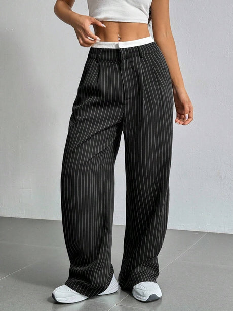 High Waist Color Matching Simplicity Drape Stripes Straight Wide Leg Pants