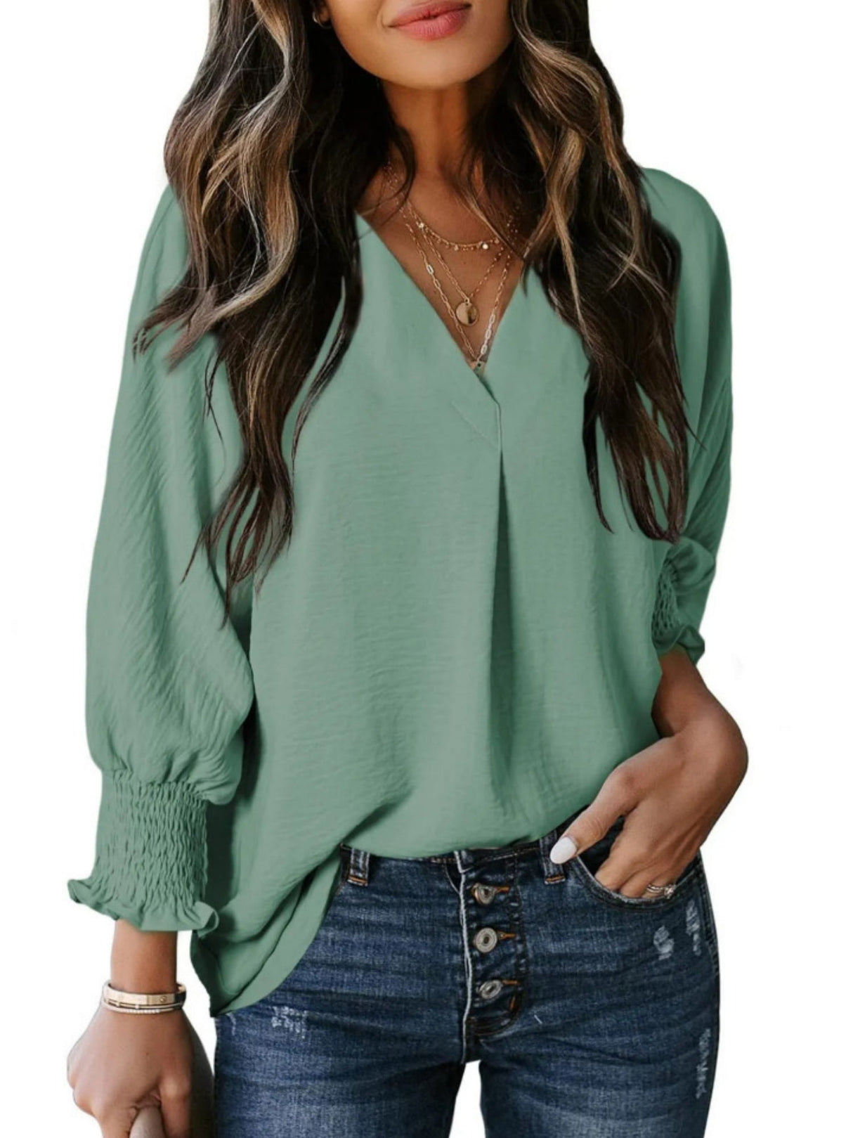 V-neck Long Sleeve Roll Up The Cuffs Shirt T-shirts
