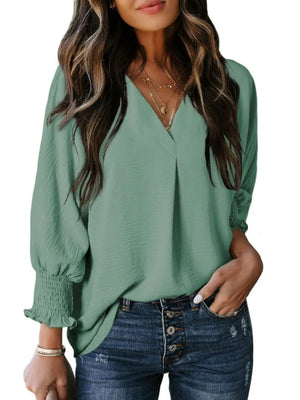 V-neck Long Sleeve Roll Up The Cuffs Shirt T-shirts