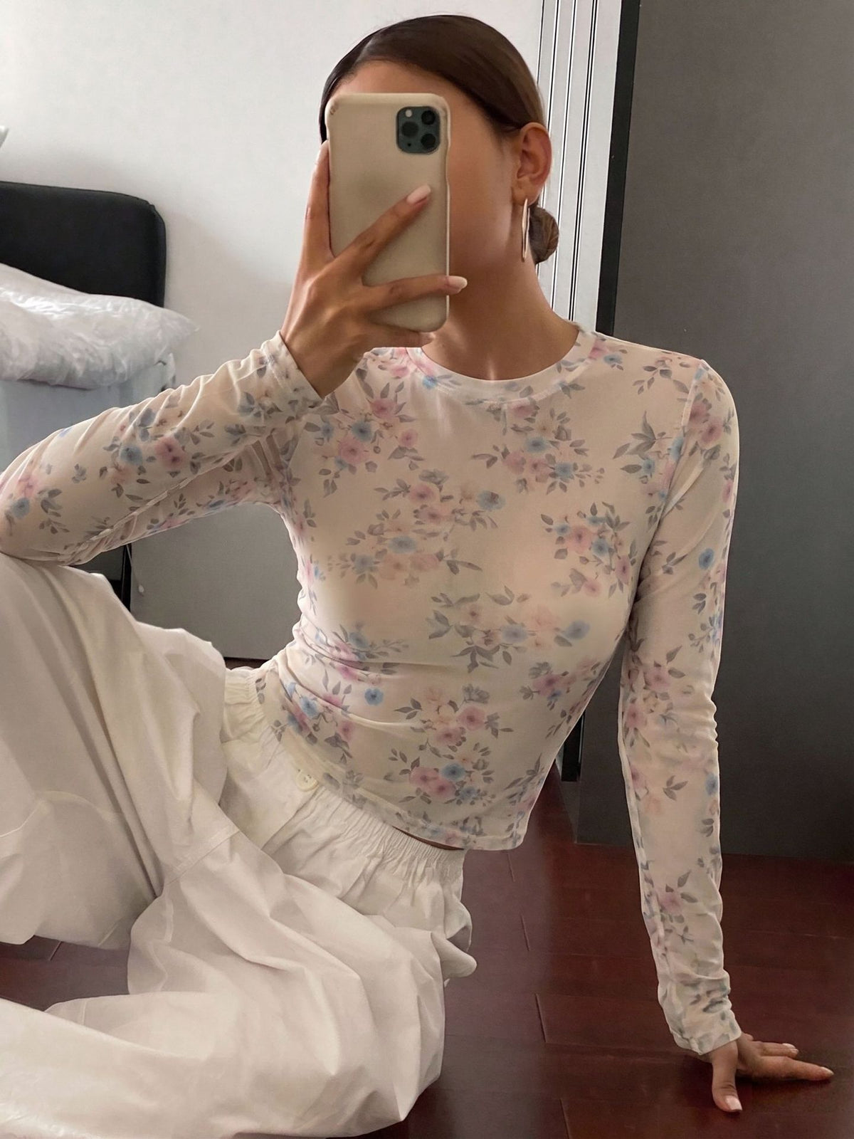 Mesh Print Crew Neck See-through T-shirt
