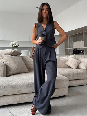 V-neck Sleeveless Vest, Flowy Wide-leg Trousers, Casual Style. 2-piece Sets