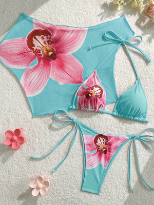 Finalized Floral Print Tie-up Bikini Three-piece Set