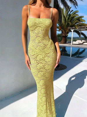Hollow Floral Lace Spaghetti Strap Long Dress