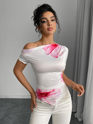 Irregular Hem Floral Print Short-Sleeve T-shirts