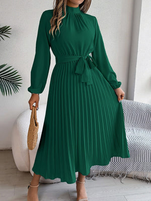 Stand Collar Long Sleeve Waist Pleats Midi Dresses