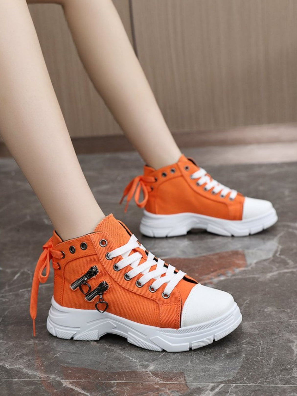 Heart Zipper Denim High-Top Casual Sneakers