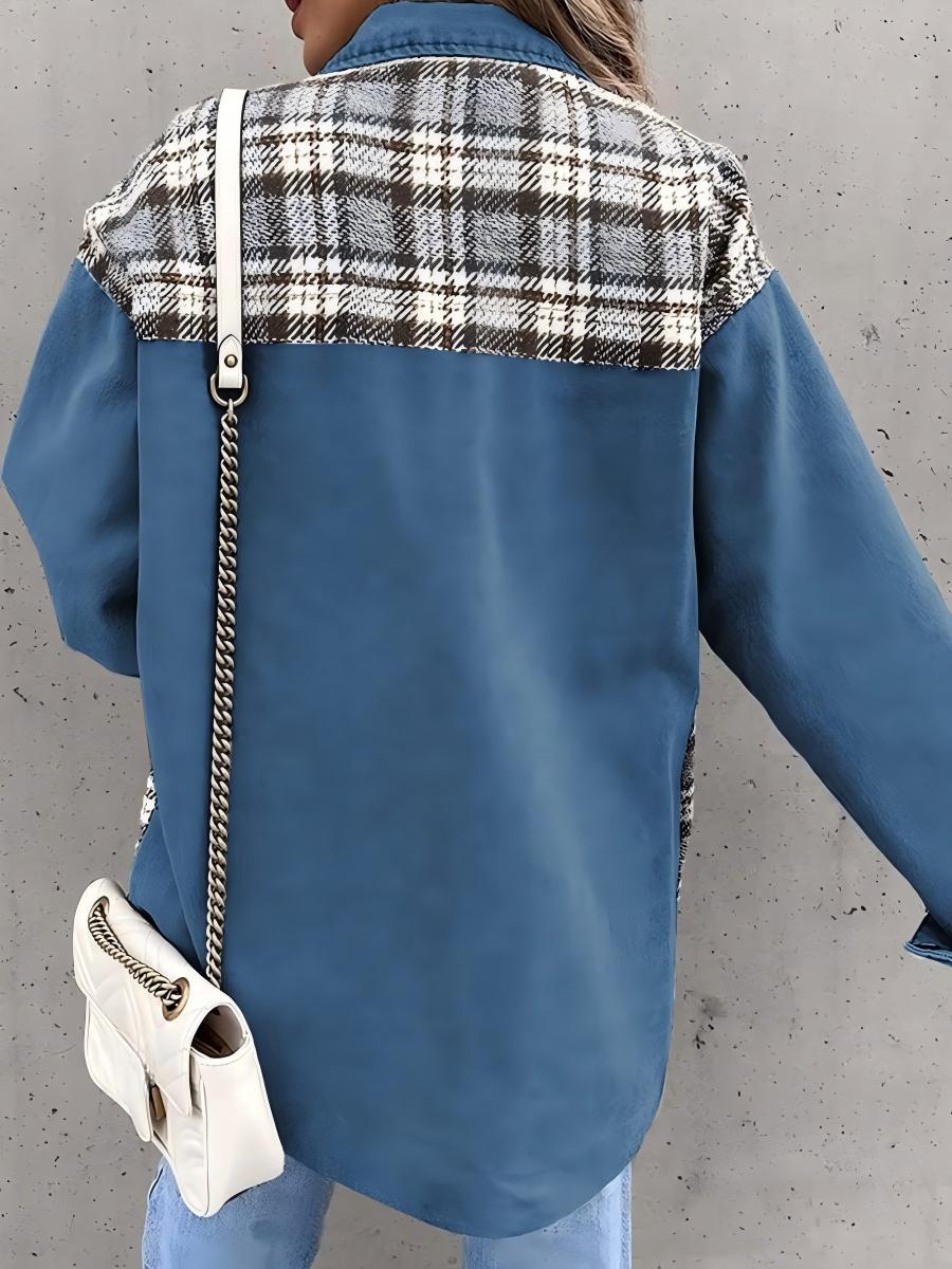 Long Sleeve Plaid Splicing Fasten Denim Jackets