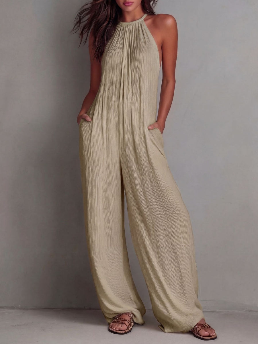 Halter-neck Sleeveless Resort-style White Pleated Backless Wide-leg Jumpsuit