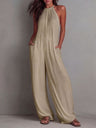 Halter-neck Sleeveless Resort-style White Pleated Backless Wide-leg Jumpsuit